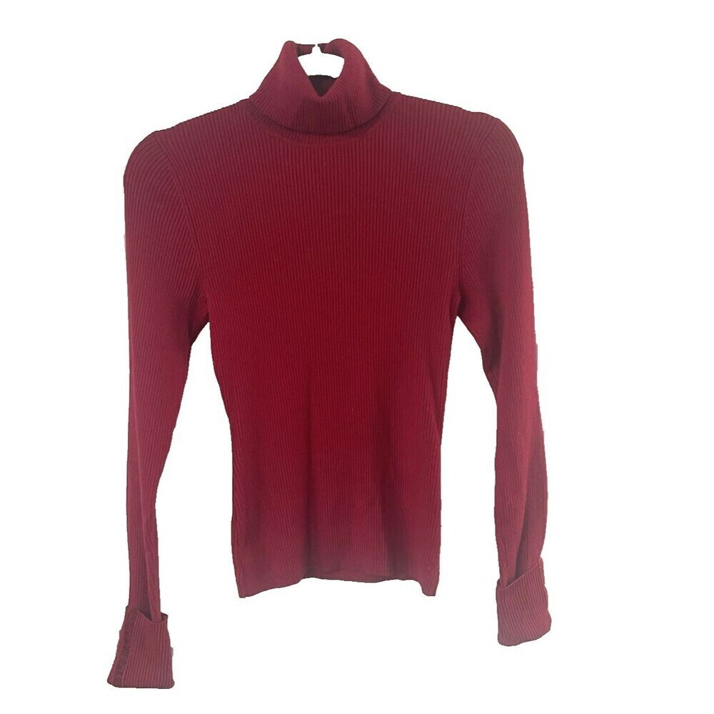 Aqua Merino Wool Turtleneck Ribbed Knit Sweater Red M Velvet trim sleeve cuffed